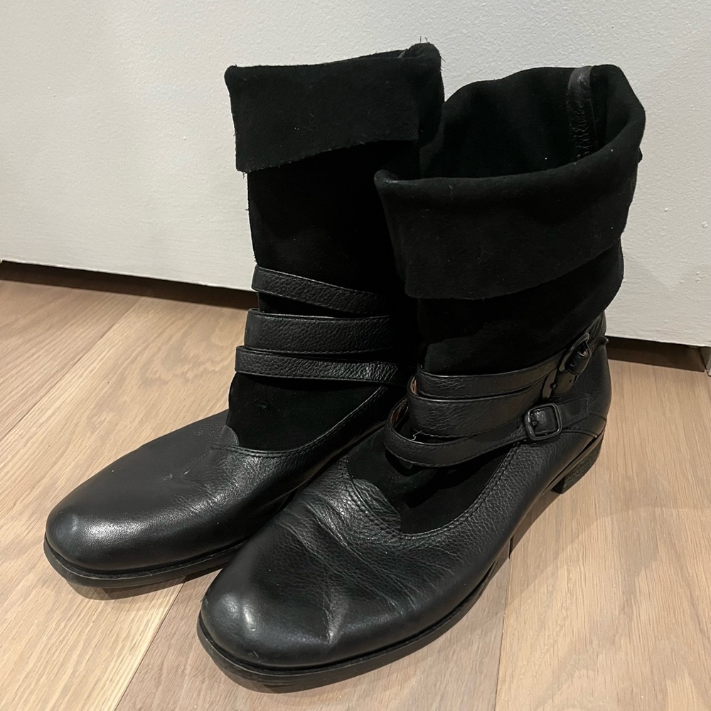 Suede and Leather low flat bootss . Stylish buckles and top can be rolled down.